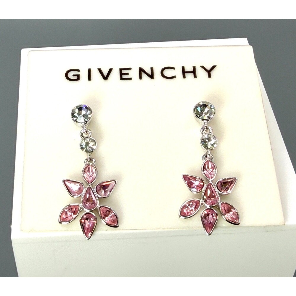Givenchy Pink Crystal Flower Drop Dangle Earrings Silver Tone NWT